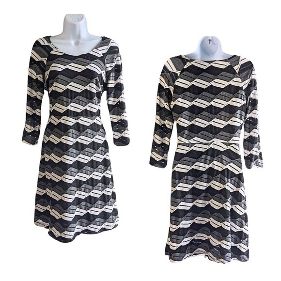 ECI New York Black Gray Bandage Spliced 3/4 Sleeve Sheath Midi Size 8 - Picture 1 of 7